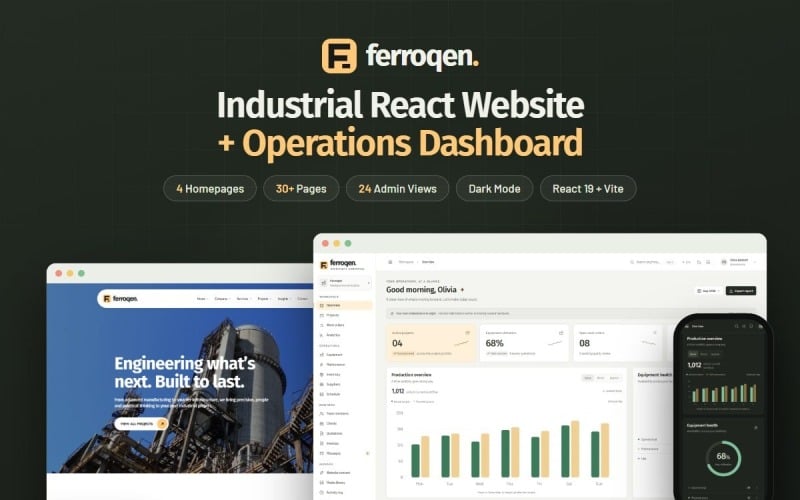 Ferroqen - Yönetici Paneli İçeren Endüstriyel ve Üretim React Web Sitesi Şablonu
