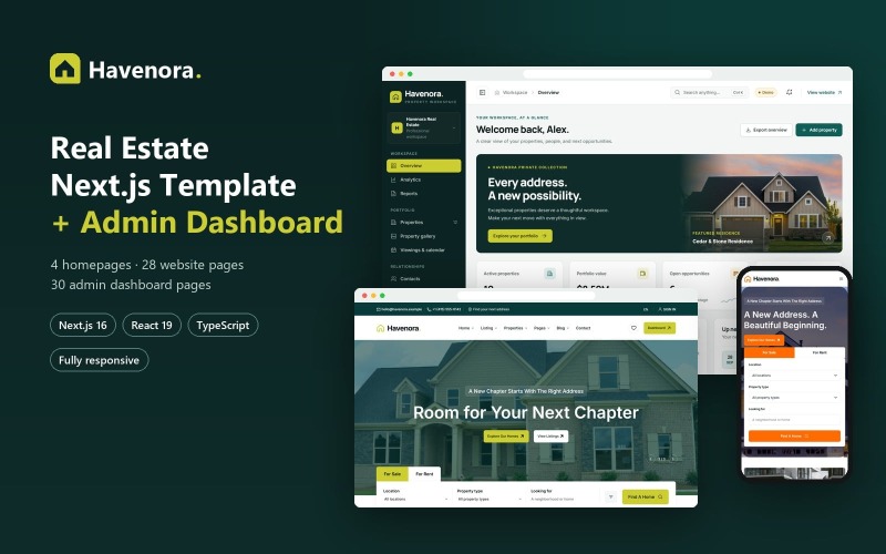 Havenora — шаблон Next.js для недвижимости с административной панелью.