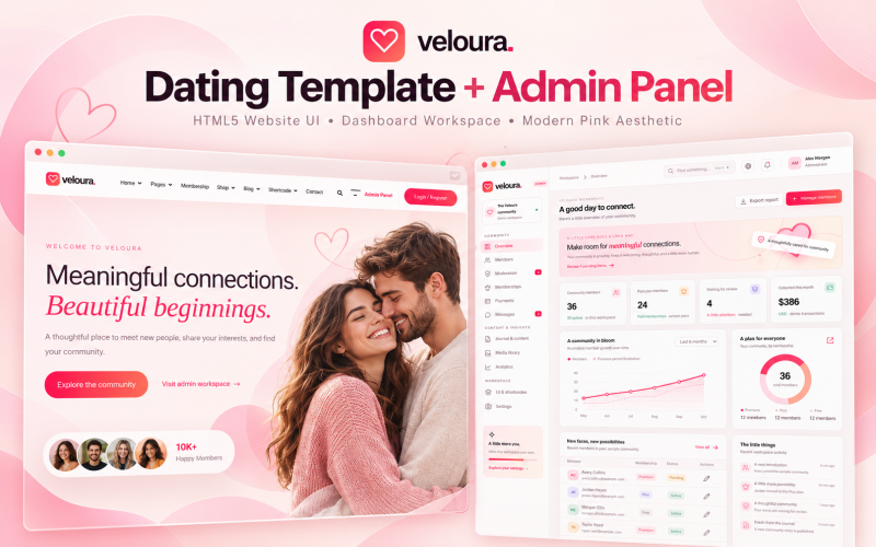 Veloura – HTML-Vorlage für Dating und Community mit Admin-Dashboard