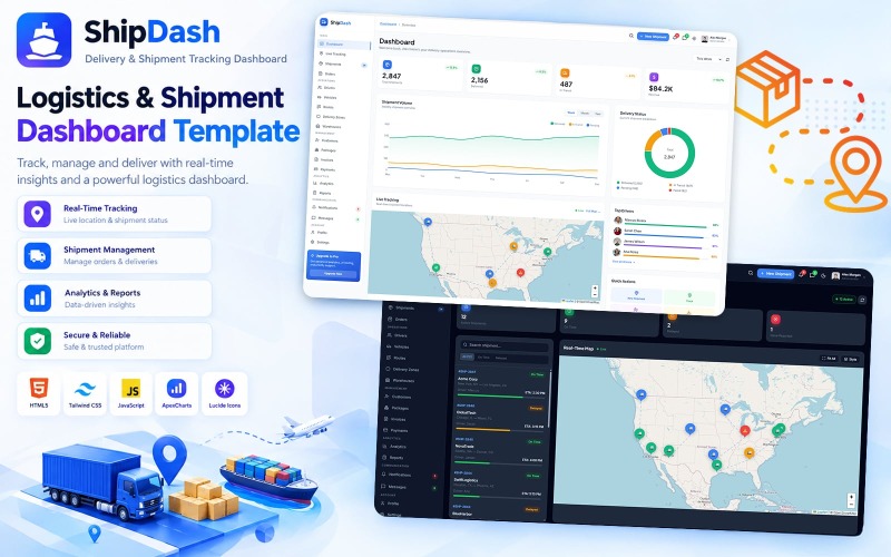 ShipDash - Teslimat ve Gönderi Takip Paneli HTML5 Tailwind CSS Şablonu