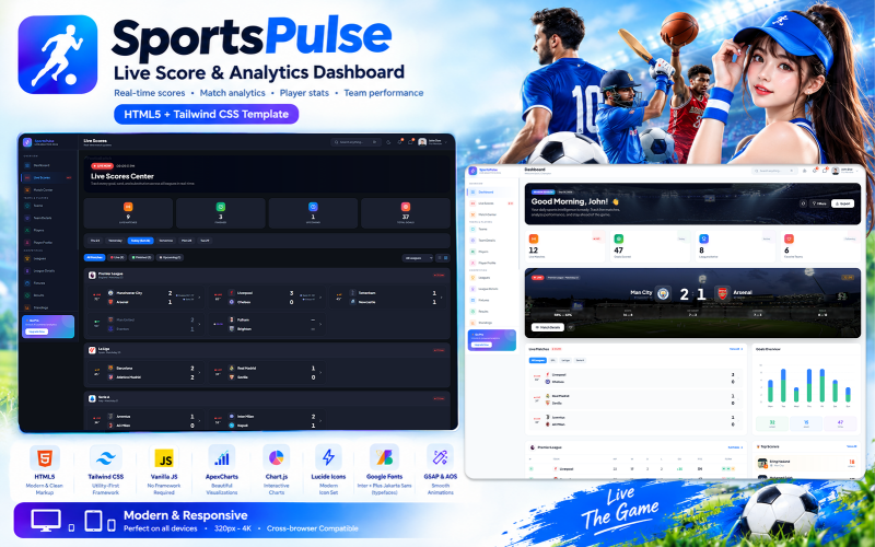 SportsPulse - Spor Canlı Skor ve Analiz Paneli HTML5 Tailwind CSS Şablonu