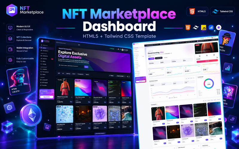 Szablon HTML5 Tailwind CSS dla panelu NFT Marketplace