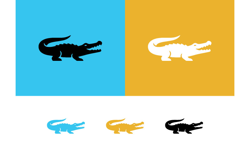 Het alligatorlogo is zwart-wit op een blauwe en oranje achtergrond.
