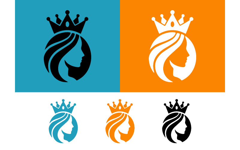 Profilo del logo di una regina donna con corona su elemento circolare blu.