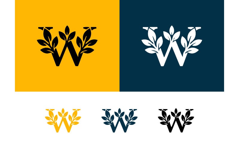 Logos décoratifs en forme de lettre W avec des feuilles jaunes et bleues.