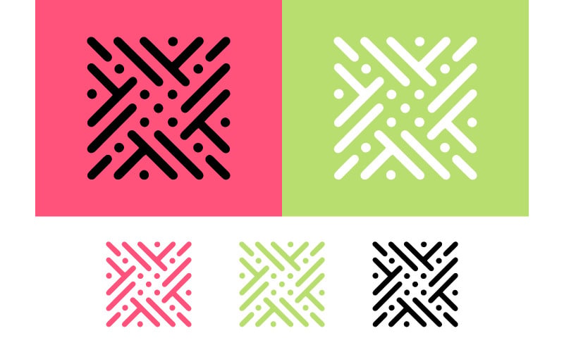 Logo à motif géométrique abstrait sur fond rose et vert.