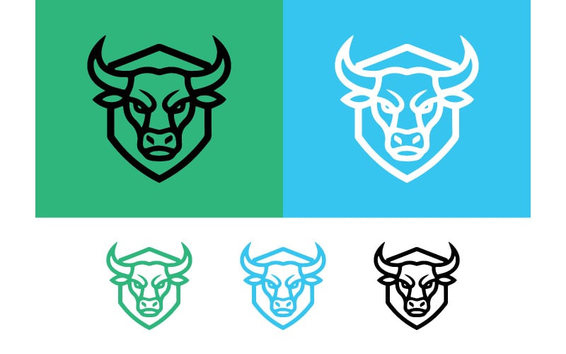 Logo met stierenkopembleem op een blauwe achtergrond.