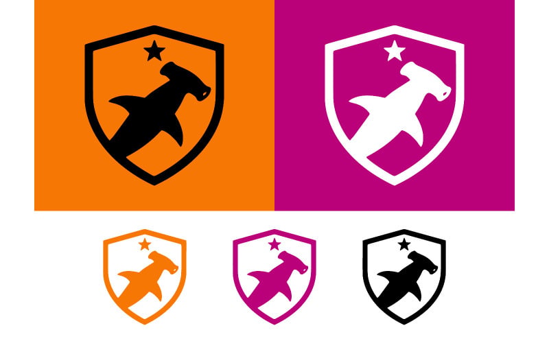 Logo con l'emblema dello squalo martello su sfondo colorato.