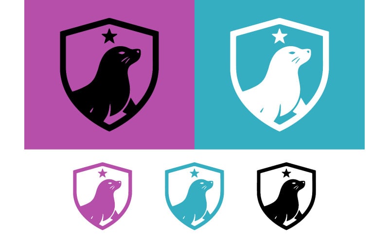 Logo a forma di foca su sfondo colorato.