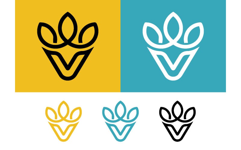 Logo en forme de couronne en forme de V sur fond jaune et bleu.