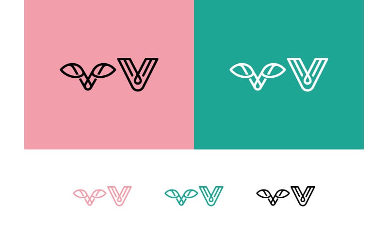 Logo en forme de double V avec des feuilles sur fond rose.