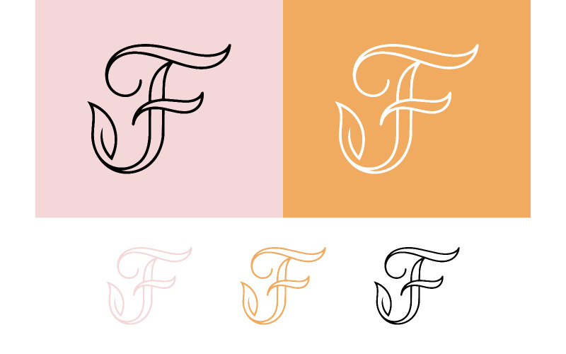 Logo con la lettera F e decorazioni a forma di foglia su sfondo pastello.