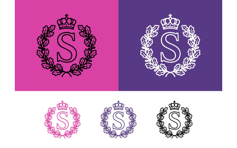 Illustrazione vettoriale del logo Monogram S, ghirlanda e corona.
