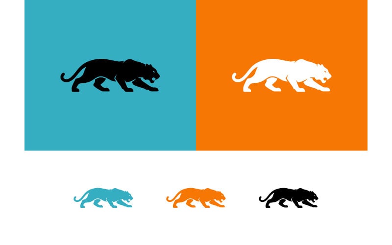 Silhouette d'une panthère noire marchant sur fond bleu-orange.