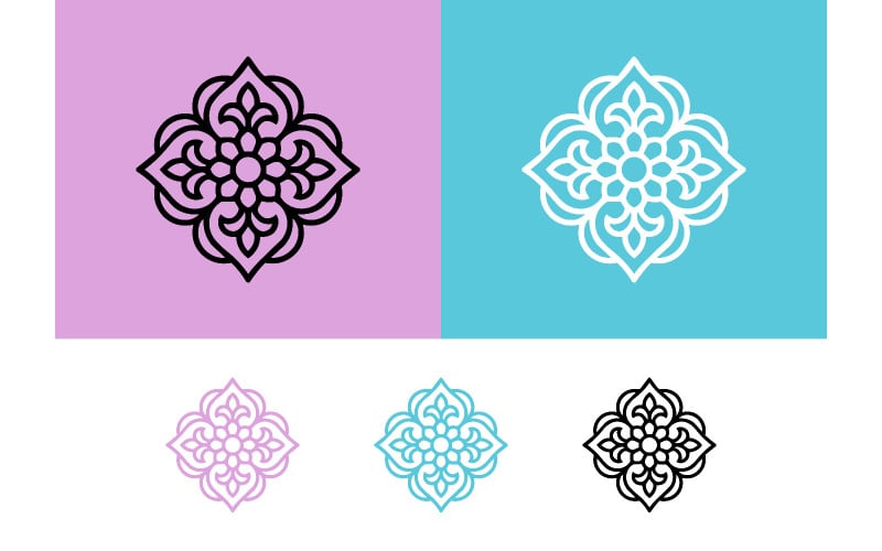 Icône décorative avec motif mandala sur fond rose et bleu.