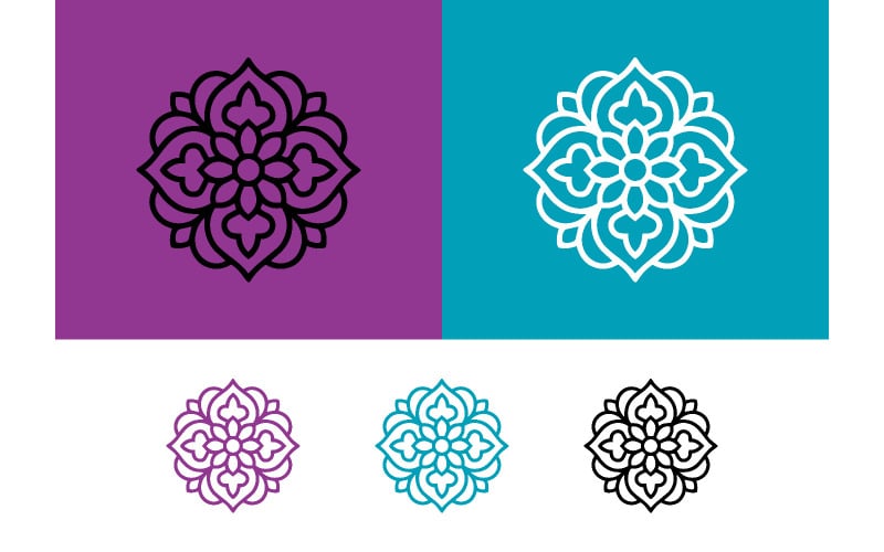 Bloemenmandala-patroon met paarse en turquoise achtergrond.