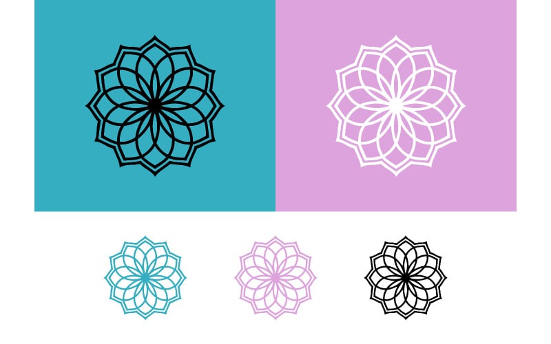 Motifs de mandala sur fond cyan et rose.