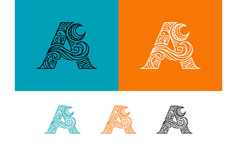 Logo decorato con la lettera A, elementi tribali a forma di onda e sole.