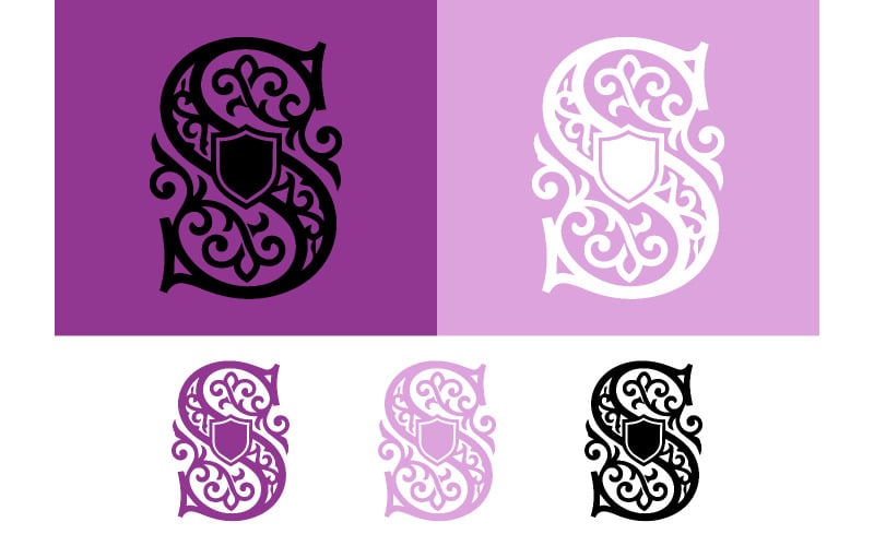 Emblema decorato con la lettera s, uno scudo e elementi regali.