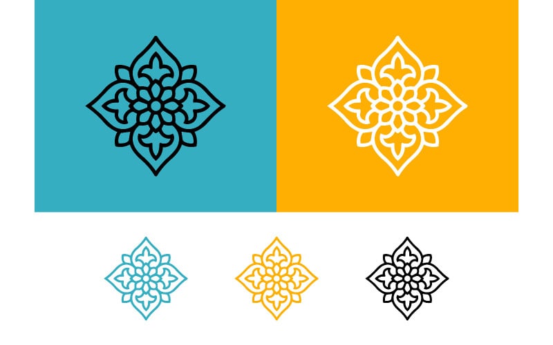 Motif floral thaïlandais sur fond turquoise et orange.