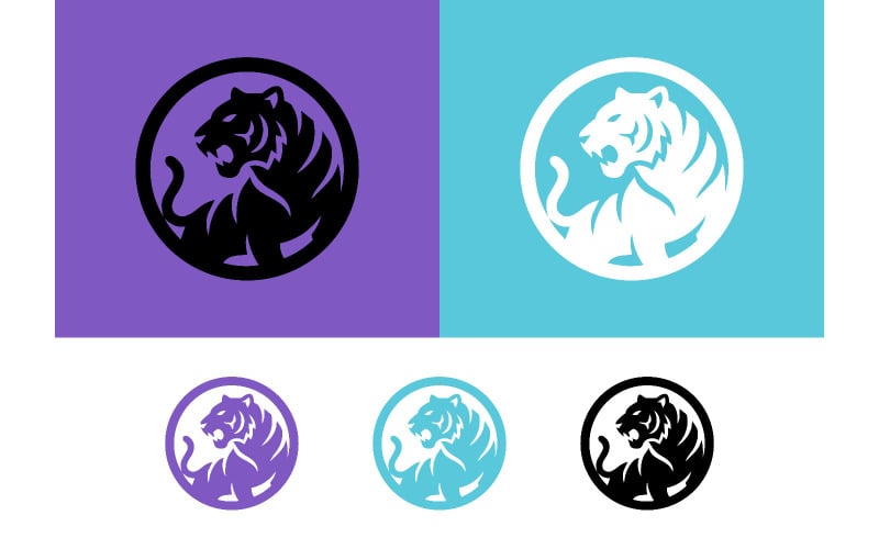 Logo tigre dans un cercle, fond noir, blanc, violet et bleu.
