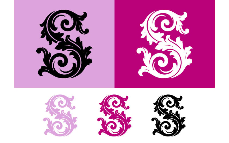 Utsmyckad bokstav s logotypdesign rosa svart vit.