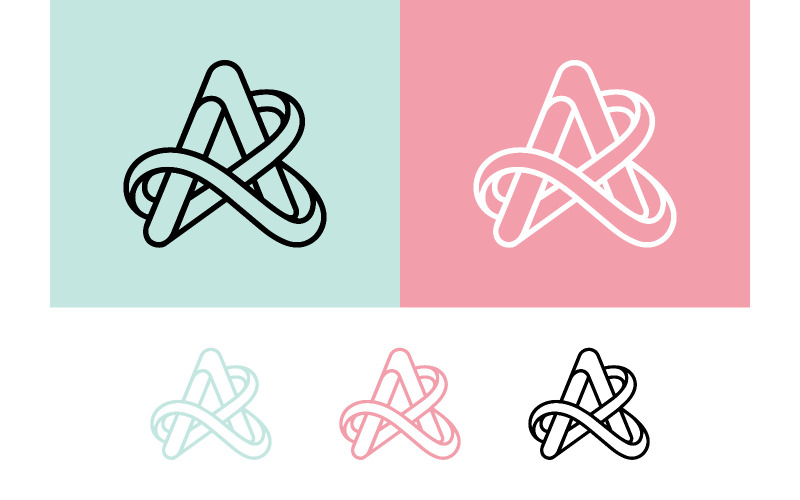 Een logo met de letter A en een lintmotief op een turquoise en roze achtergrond.
