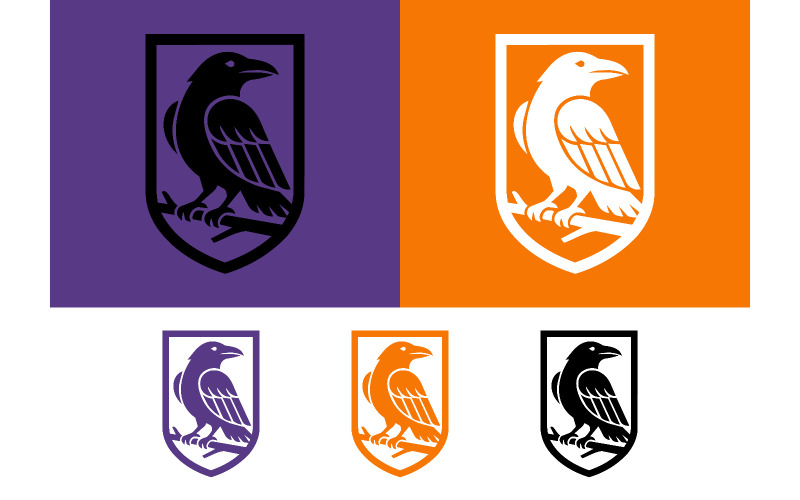 Logo de corbeau, emblème d'oiseau sur une branche, violet orange.