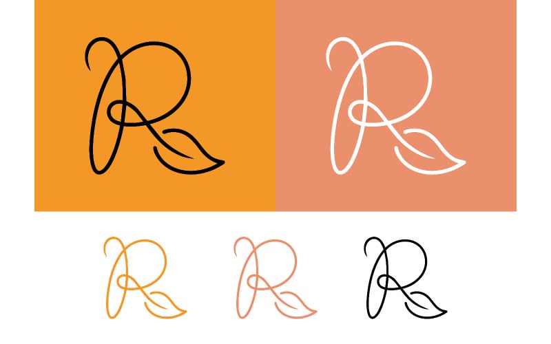 Elegante monogramma con la lettera r e un dettaglio a forma di foglia, ideale per il branding.