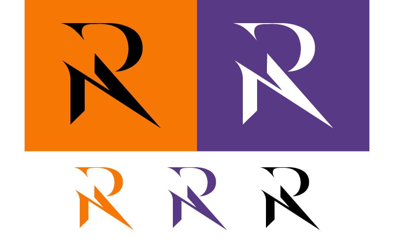 Lettera R geometrica con angoli acuti su sfondo arancione e viola per il design.