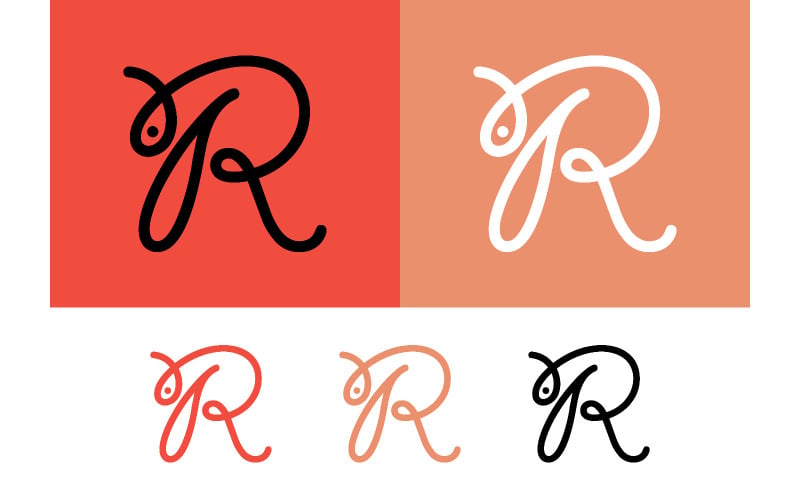 Monogram R-logo met rode en roze achtergrond.