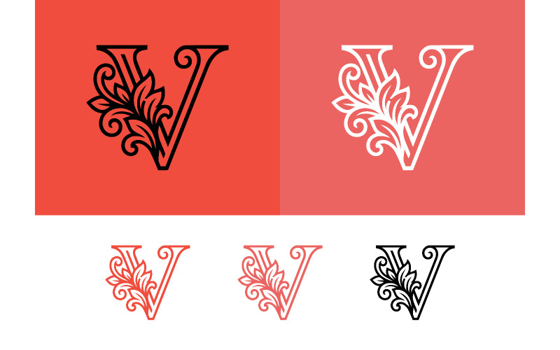 Elegant logo met de letter V, versierd met bloemen en op een rode achtergrond.