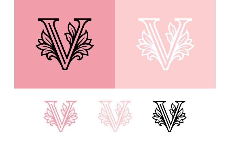 Elegante monogramma con la lettera V e decorazioni floreali.