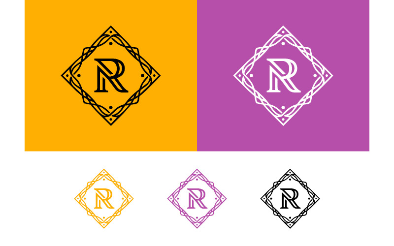 Lettre r dans un cadre en forme de losange, motif géométrique orné.