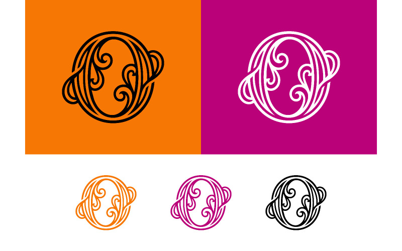 Decoratief logo met de letter O, versierd met krullen en lijnen.