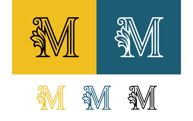Logo élégant, emblème artistique orné d'un monogramme en forme de lettre M.