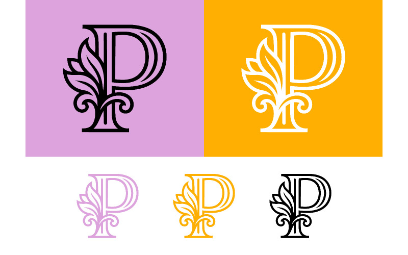 Elegante emblema con la lettera P e un elaborato disegno floreale, ideale per il branding.