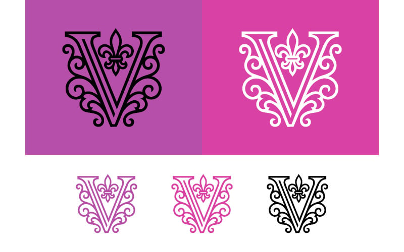 Lettre décorative V ornée d'un blason en forme de fleur de lys.