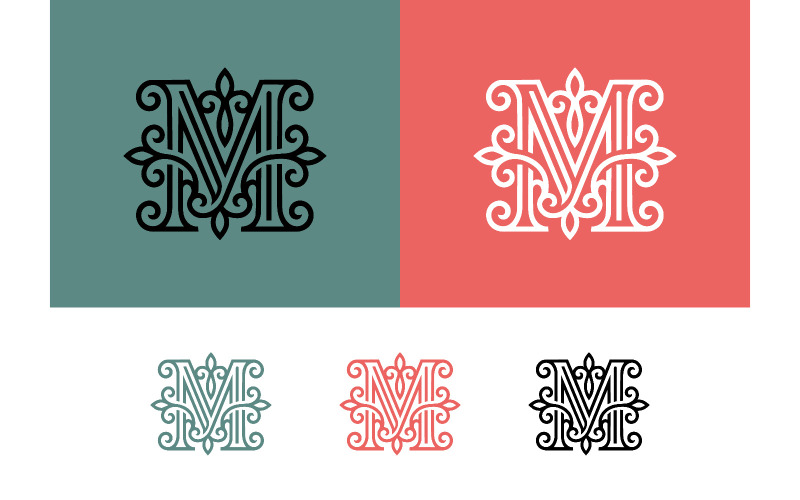 Een sierlijke M-initial met in elkaar verweven bloemenaccenten, vintage stijl.