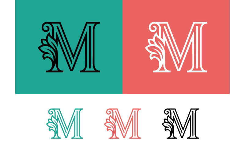 Elegant logo met de letter m, blad en krul.