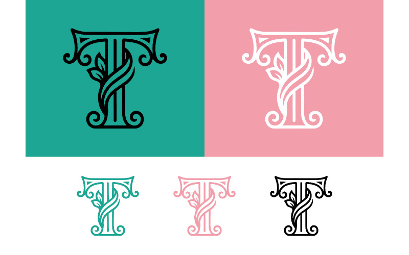 Elegante monogramma con la lettera T e ornamenti floreali.