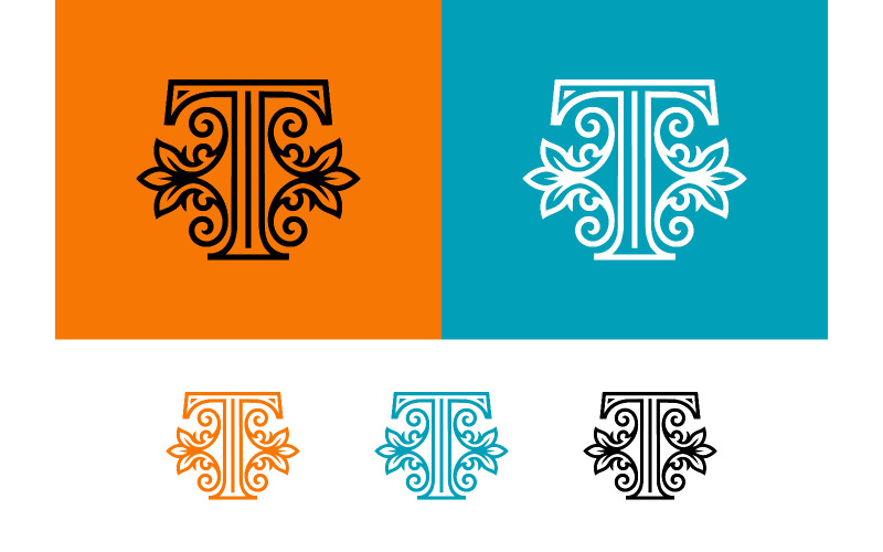 Logo con la lettera T decorata su sfondo arancione.