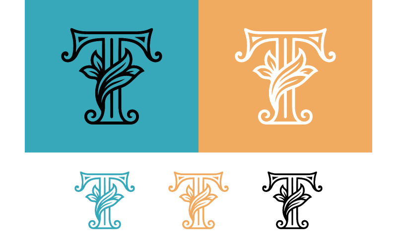 Vintage letter T met bladmotief in turquoise-oranje.