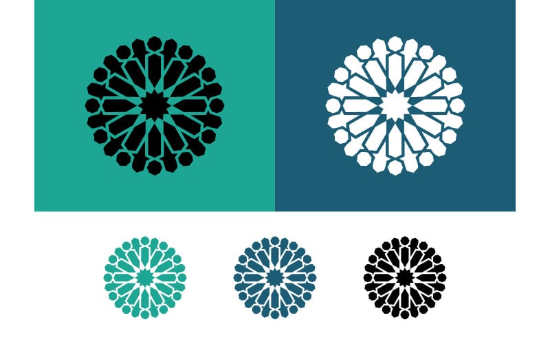 Islamitisch geometrisch patroon op een zwarte en turquoise achtergrond.