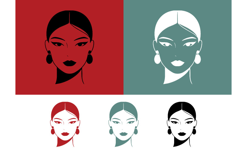 Ritratto di volto femminile in grafica rossa e turchese.