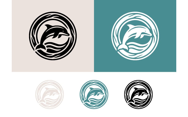 Logo dauphin sautant, design circulaire ondulé.