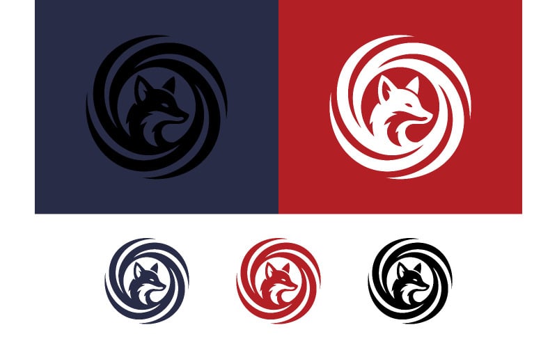 Logo della volpe su sfondo blu scuro e rosso.