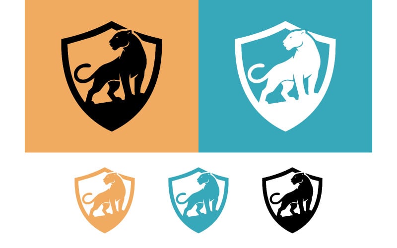 Panthersköldlogotyper på färgad bakgrund.