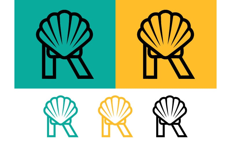 R-bokstav med snäckskaldesign för branding.