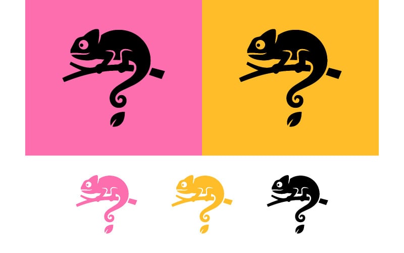 Illustratie van een kameleon op een tak met een vraagteken op de achtergrond.
